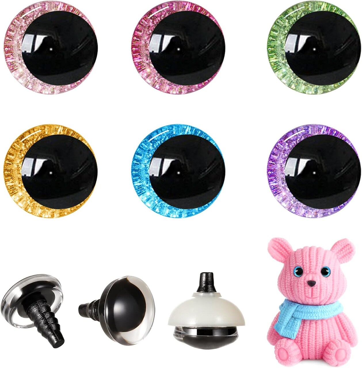 96pcs 25mm 3D Glitter Safety Eyes with Washers – Moon-Shaped Amigurumi Eyes for Crochet Animals, Dolls, Plush Toys & DIY Craft Making (Gift for Crochet Lovers)